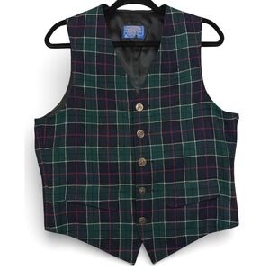 Vintage Pendleton Vest Mens M Green Plaid Wool Button Front Tartan Made in USA